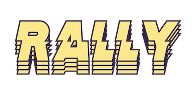Rally logo in yellow and purple layered text